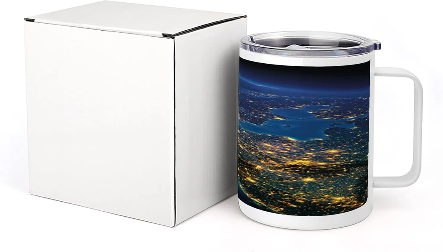 Ambesonne World 10 Oz Steel Mug, Continent of Central Europe Night Time View from Outer Space Vivid Planet, Vacuum Insulated Leak-resistant Cup for Outdoor Hiking and Picnics, Blue Yellow Emerald