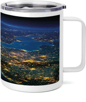 Ambesonne World 10 Oz Steel Mug, Continent of Central Europe Night Time View from Outer Space Vivid Planet, Vacuum Insulated Leak-resistant Cup for Outdoor Hiking and Picnics, Blue Yellow Emerald