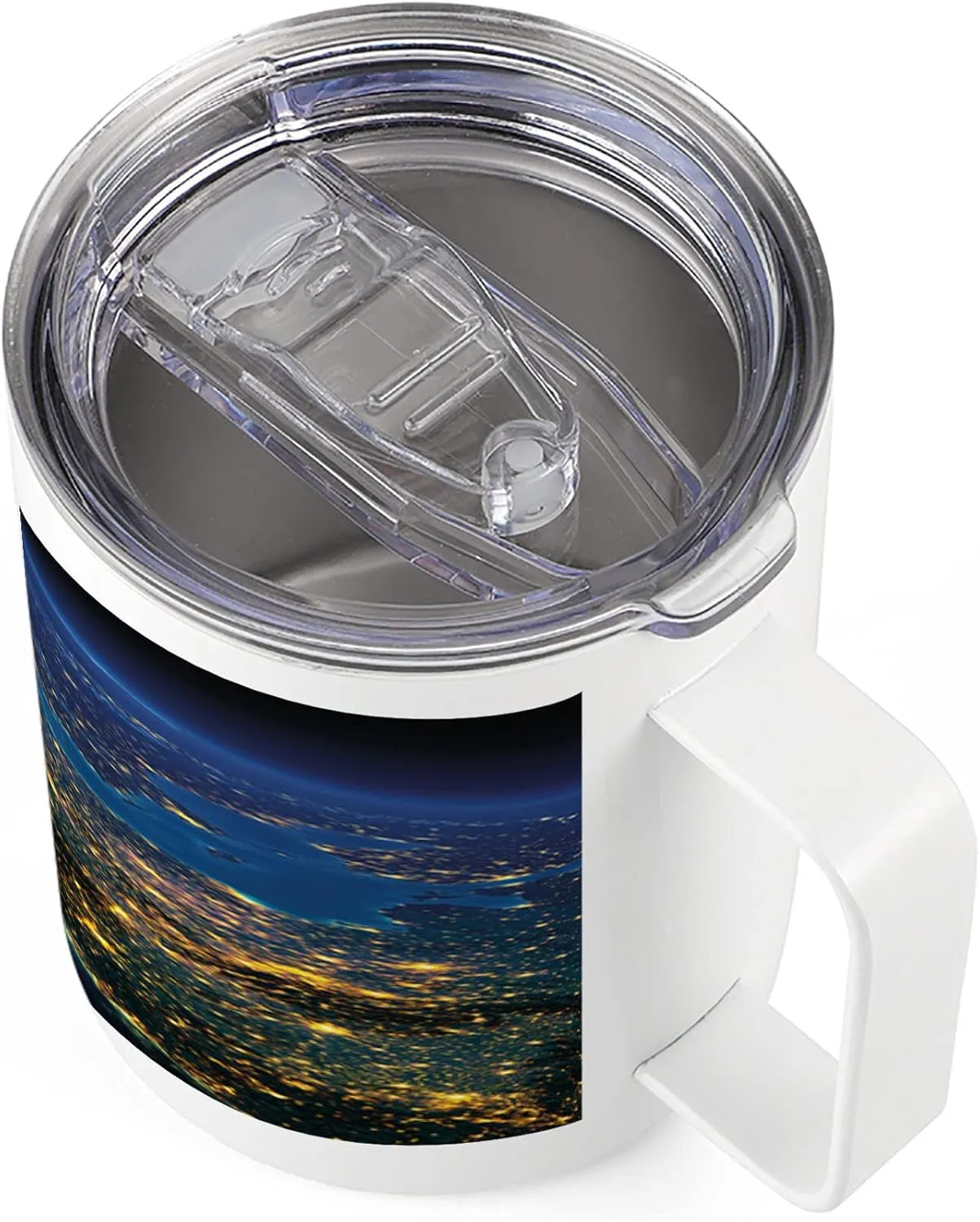 Ambesonne World 10 Oz Steel Mug, Continent of Central Europe Night Time View from Outer Space Vivid Planet, Vacuum Insulated Leak-resistant Cup for Outdoor Hiking and Picnics, Blue Yellow Emerald
