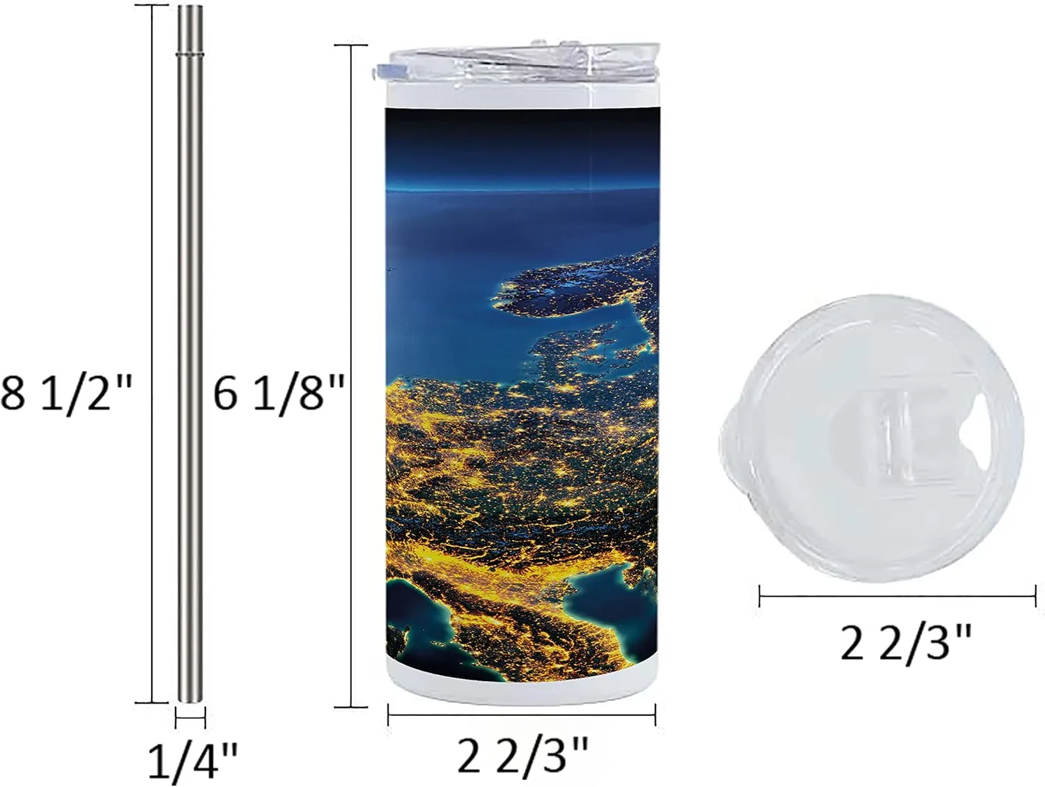 Ambesonne World 12 Oz Skinny Tumbler, Continent of Central Europe Night Time View from Outer Space Vivid Planet, Vacuum Insulated Travel Canteen Cup Leakproof for Travel Picnic, Blue Yellow Emerald
