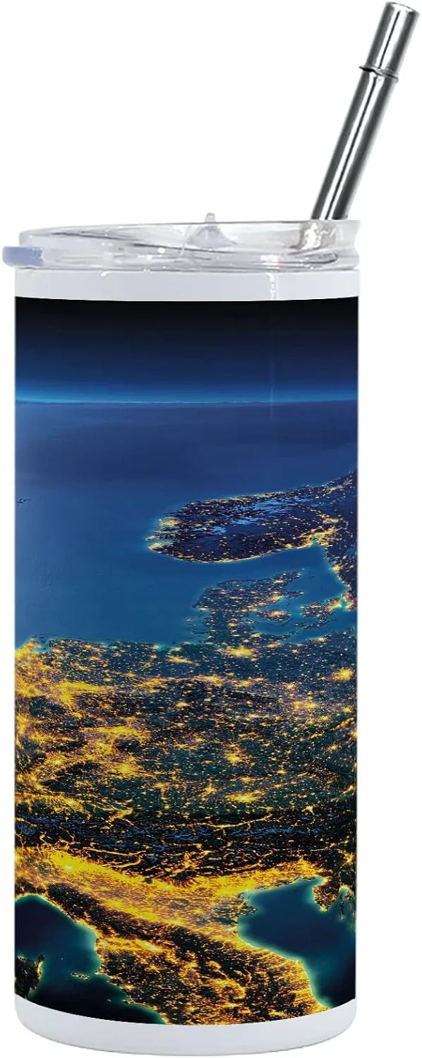 Ambesonne World 12 Oz Skinny Tumbler, Continent of Central Europe Night Time View from Outer Space Vivid Planet, Vacuum Insulated Travel Canteen Cup Leakproof for Travel Picnic, Blue Yellow Emerald