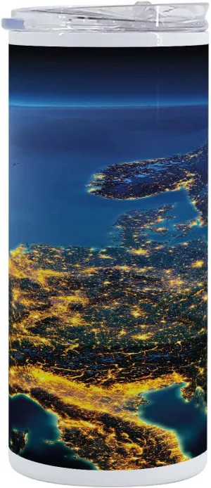 Ambesonne World 12 Oz Skinny Tumbler, Continent of Central Europe Night Time View from Outer Space Vivid Planet, Vacuum Insulated Travel Canteen Cup Leakproof for Travel Picnic, Blue Yellow Emerald