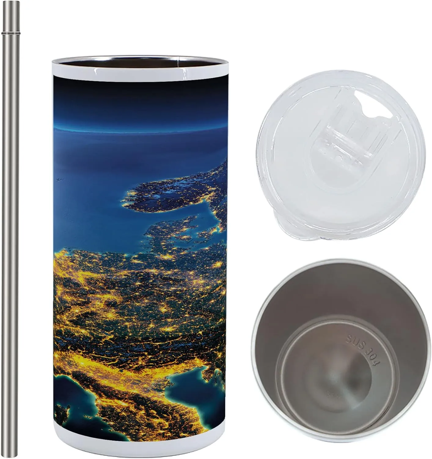 Ambesonne World 12 Oz Skinny Tumbler, Continent of Central Europe Night Time View from Outer Space Vivid Planet, Vacuum Insulated Travel Canteen Cup Leakproof for Travel Picnic, Blue Yellow Emerald