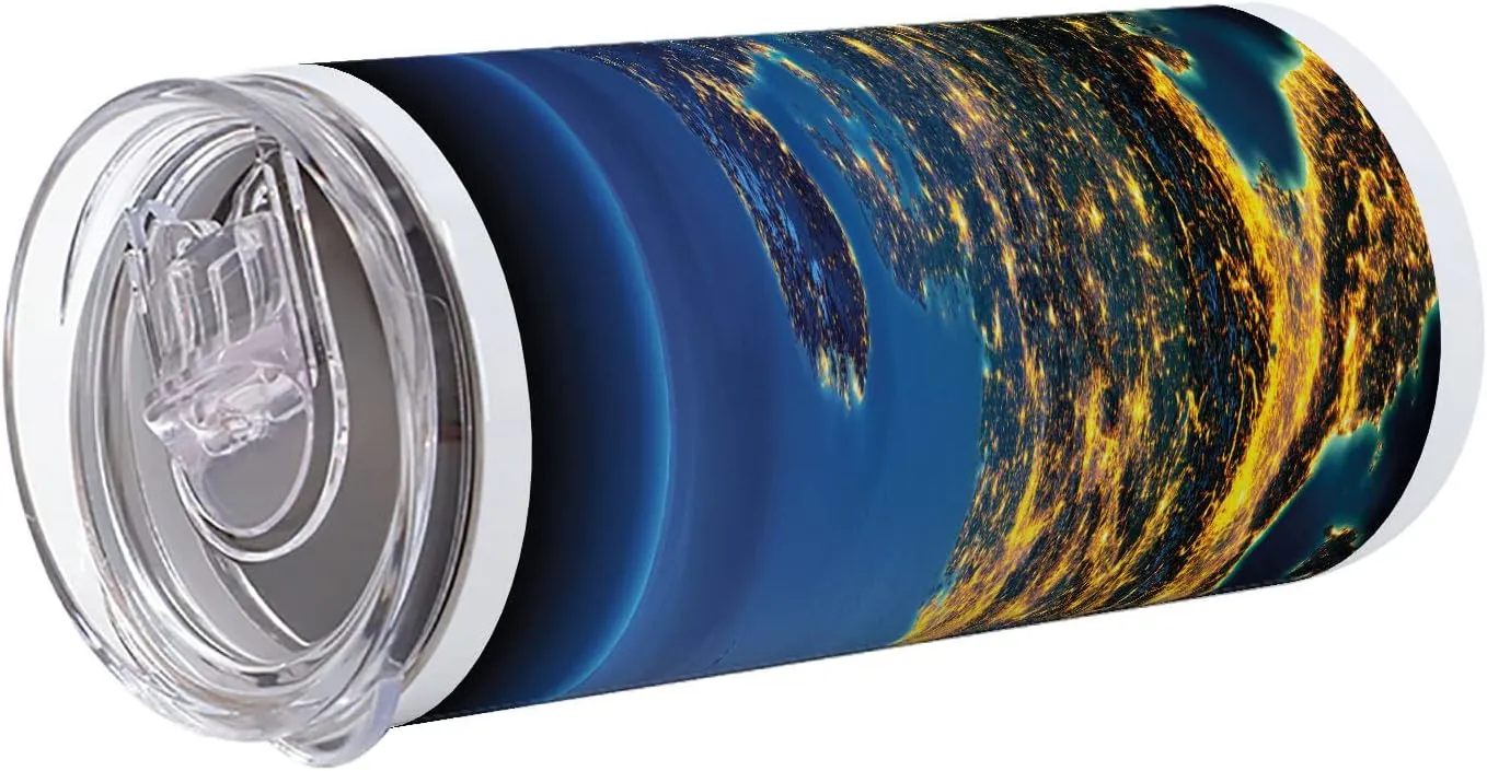 Ambesonne World 12 Oz Skinny Tumbler, Continent of Central Europe Night Time View from Outer Space Vivid Planet, Vacuum Insulated Travel Canteen Cup Leakproof for Travel Picnic, Blue Yellow Emerald