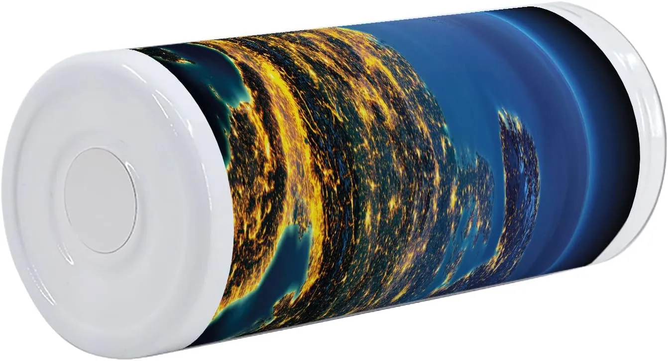 Ambesonne World 12 Oz Skinny Tumbler, Continent of Central Europe Night Time View from Outer Space Vivid Planet, Vacuum Insulated Travel Canteen Cup Leakproof for Travel Picnic, Blue Yellow Emerald