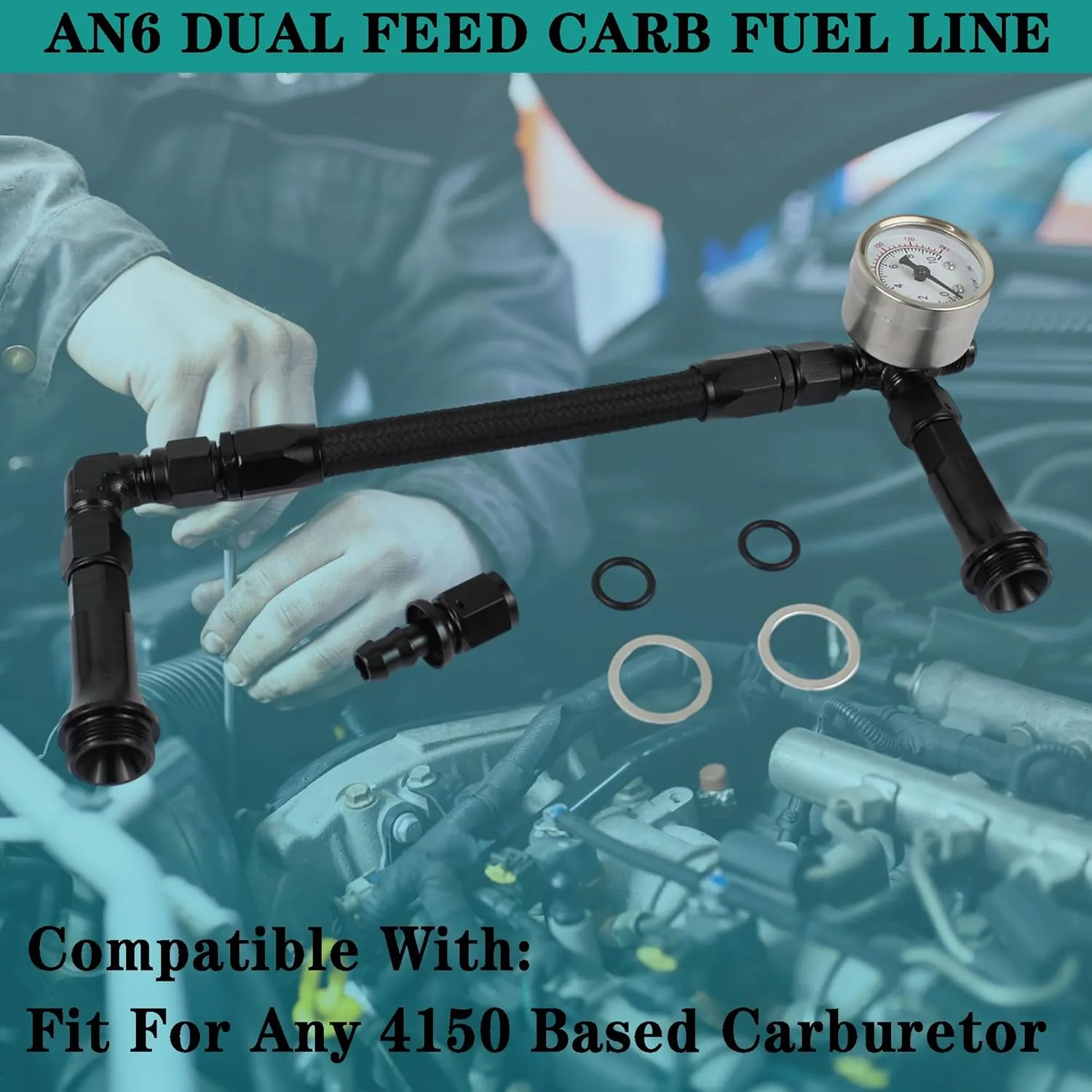AN6 Dual Feed Carb Fuel Line Aluminum Braided Fuel Line Kit With Pressure Gauge For Holley 4150 Carburetor