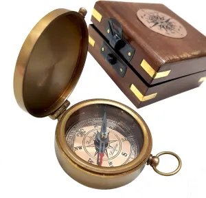 Antique Brass Pocket Compass with Wooden Box 2 Inch Magnetic Navigation Tool Vintage Nautical Collectible for Sailors Travelers Collectors Gift