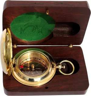 Antique Vintage Brass Handmade Navigation Personalize Pocket Compass, Brass Push Open Compass with Rose Wood Case, Pocket Compass Gifts for Mens, Camping Compass, Graduation, Baptism, Confirmation