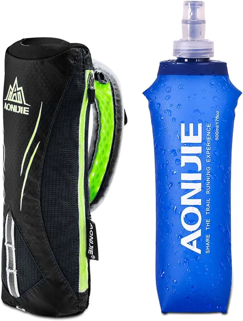 AONIJIE Quick Grip Running Handheld Water Bottle with 500ml Handheld Soft Flask Water Bottle, Adjustable Hand Strap, Quickly Squeeze Out Water, for Phone up to 5.5in (Black)