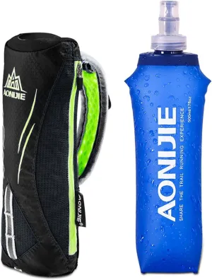 AONIJIE Quick Grip Running Handheld Water Bottle with 500ml Handheld Soft Flask Water Bottle, Adjustable Hand Strap, Quickly Squeeze Out Water, for Phone up to 5.5in (Black)