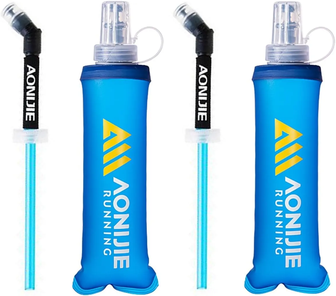 AONIJIE Soft Flasks, TPU Collapsible Foldable Water Bottles for Hydration Pack Running Cycling 2 Pack (250ml with straw pack of 2)