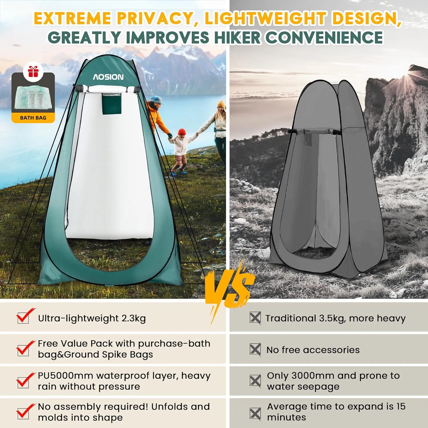 AOSION Privacy Shower Tent,Pop Up Changing Tent,Camp Bathroom Changing Dressing Room,Sun Sunshade Canopy Outdoor Rain Shelter for Camping Hiking Beach Picnic Fishing.