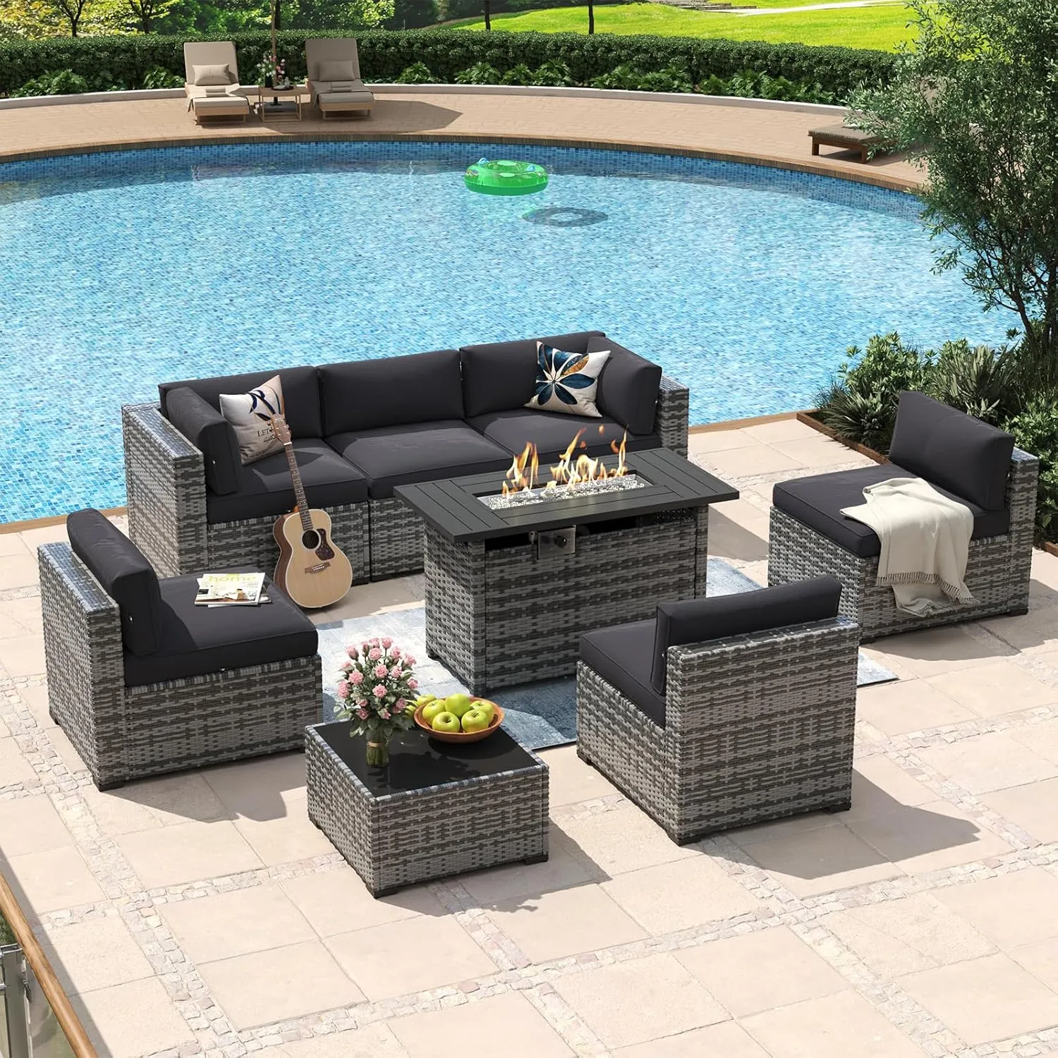 Aoxun 8 Piece Patio Furniture Set with 44” Fire Pit Table Wicker Rattan Outdoor Sectional Sofa Set with Coffee Table and Thickened Cushions, Black (Waterproof Cover Included)