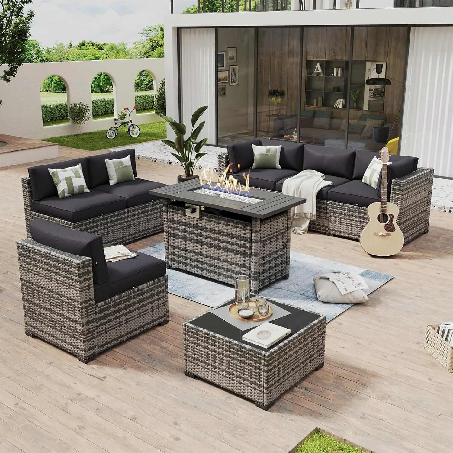 Aoxun 8 Piece Patio Furniture Set with 44” Fire Pit Table Wicker Rattan Outdoor Sectional Sofa Set with Coffee Table and Thickened Cushions, Black (Waterproof Cover Included)