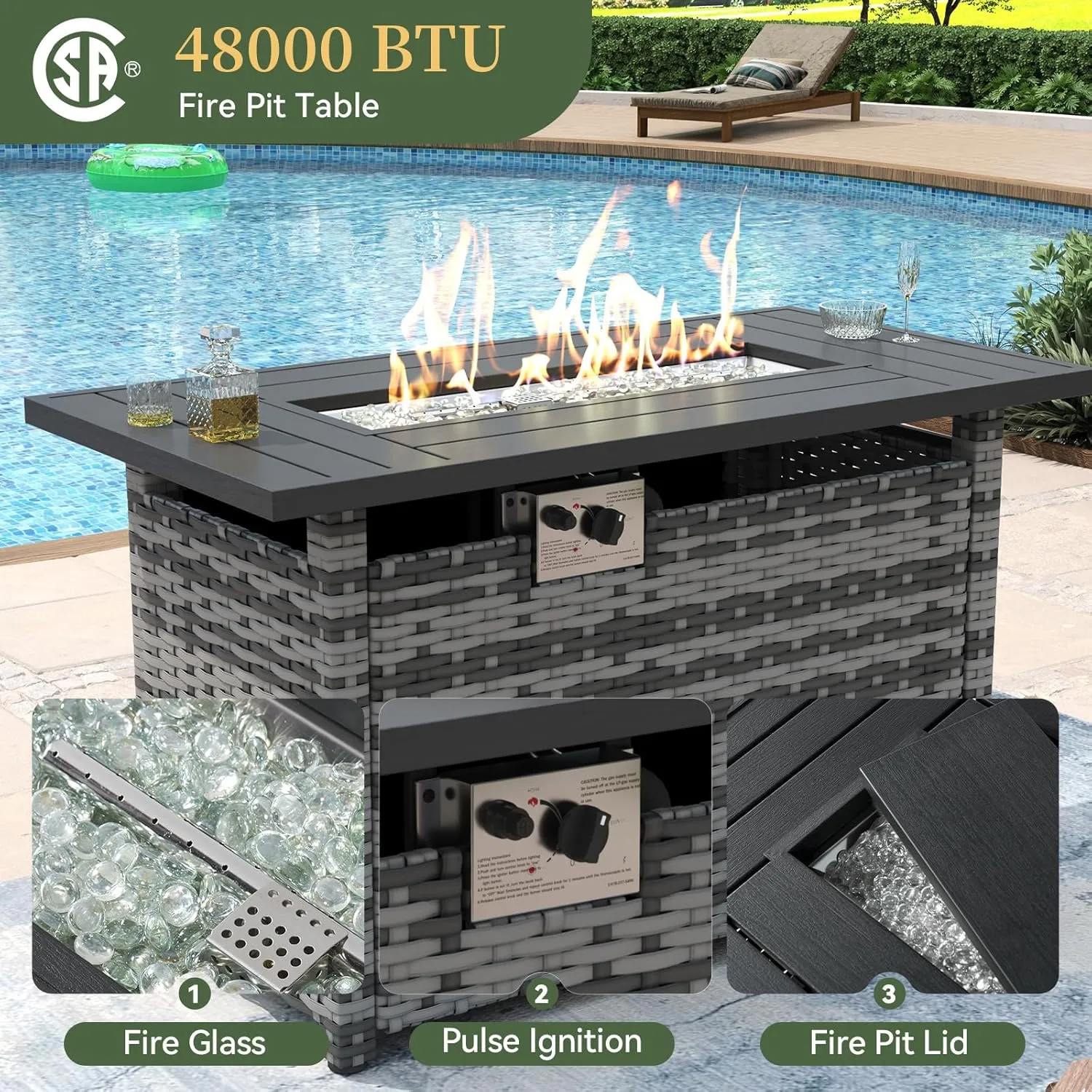 Aoxun 8 Piece Patio Furniture Set with 44” Fire Pit Table Wicker Rattan Outdoor Sectional Sofa Set with Coffee Table and Thickened Cushions, Black (Waterproof Cover Included)