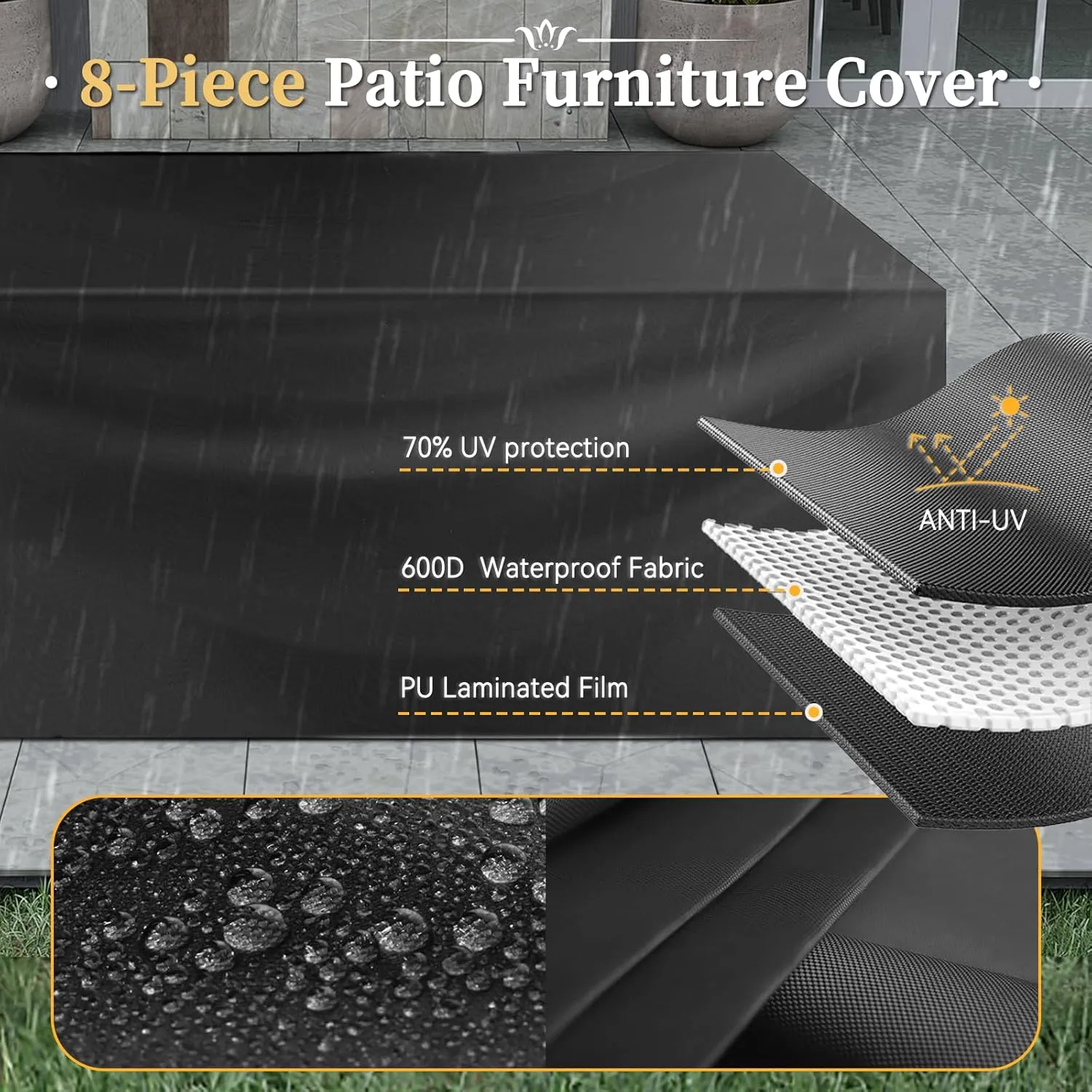 Aoxun 8 Piece Patio Furniture Set with 44” Fire Pit Table Wicker Rattan Outdoor Sectional Sofa Set with Coffee Table and Thickened Cushions, Black (Waterproof Cover Included)