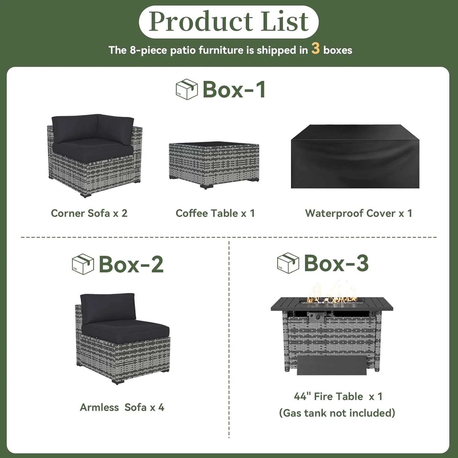 Aoxun 8 Piece Patio Furniture Set with 44” Fire Pit Table Wicker Rattan Outdoor Sectional Sofa Set with Coffee Table and Thickened Cushions, Black (Waterproof Cover Included)