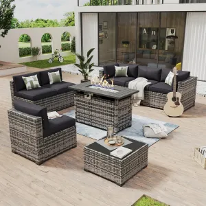 Aoxun 8 Piece Patio Furniture Set with 44” Fire Pit Table Wicker Rattan Outdoor Sectional Sofa Set with Coffee Table and Thickened Cushions, Black (Waterproof Cover Included)