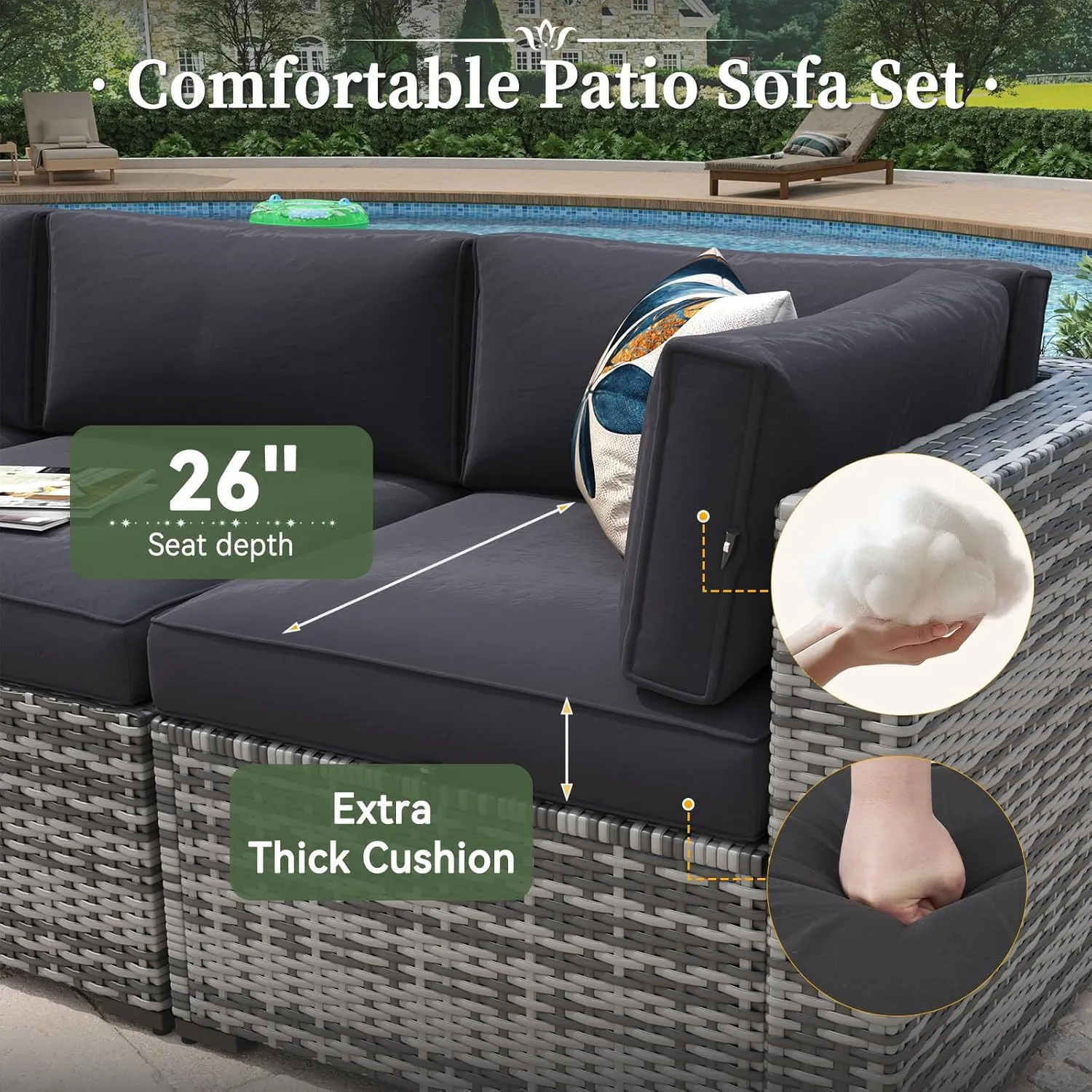 Aoxun 8 Piece Patio Furniture Set with 44” Fire Pit Table Wicker Rattan Outdoor Sectional Sofa Set with Coffee Table and Thickened Cushions, Black (Waterproof Cover Included)