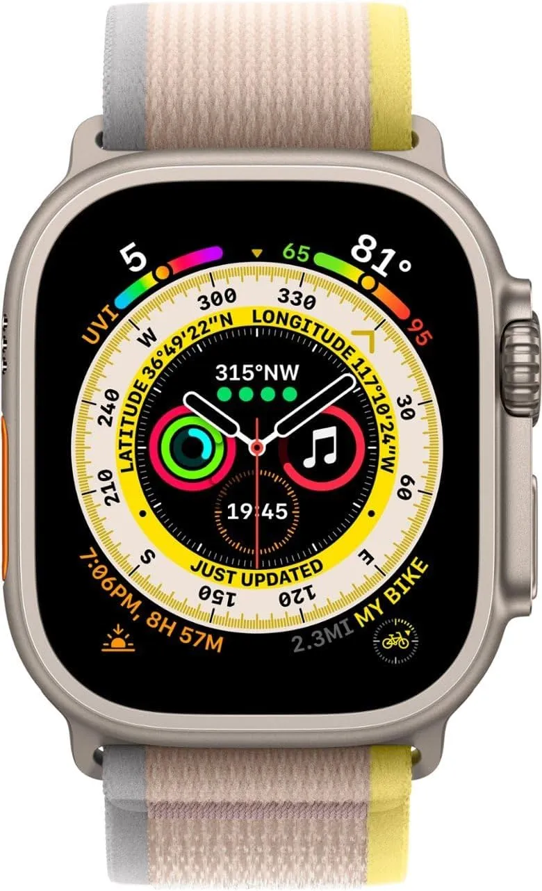 Apple Watch Ultra [GPS   Cellular 49mm] Titanium Case with Yellow/Beige Trail Loop, M/L (Renewed)