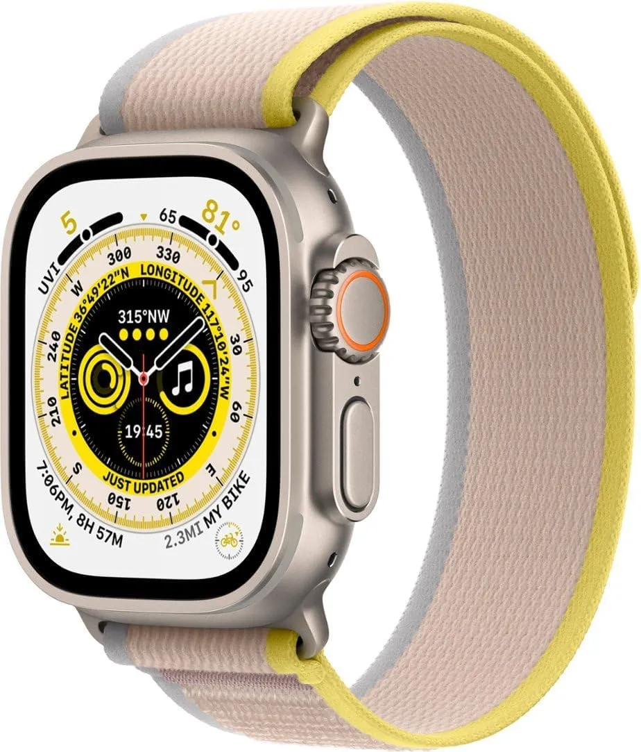 Apple Watch Ultra [GPS   Cellular 49mm] Titanium Case with Yellow/Beige Trail Loop, M/L (Renewed)