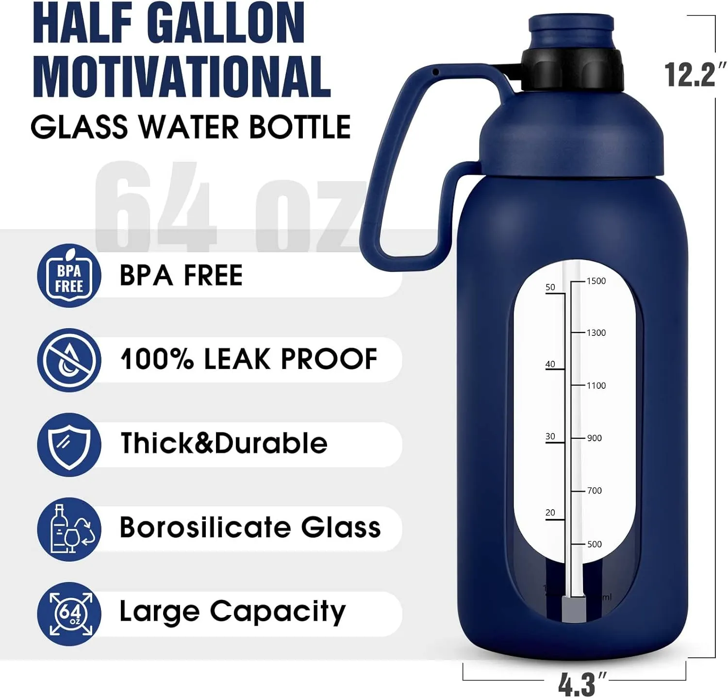 Aqulea Glass Water Bottles - 64 Oz Big Bottle with Straw, Pregnancy Tracker, Leakproof Gym Bottle with Sleeve, Water Jug with Time Marker