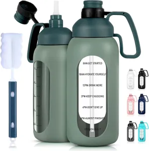 Aqulea Glass Water Bottles - 64 Oz Big Bottle with Straw, Pregnancy Tracker, Leakproof Gym Bottle with Sleeve, Water Jug with Time Marker