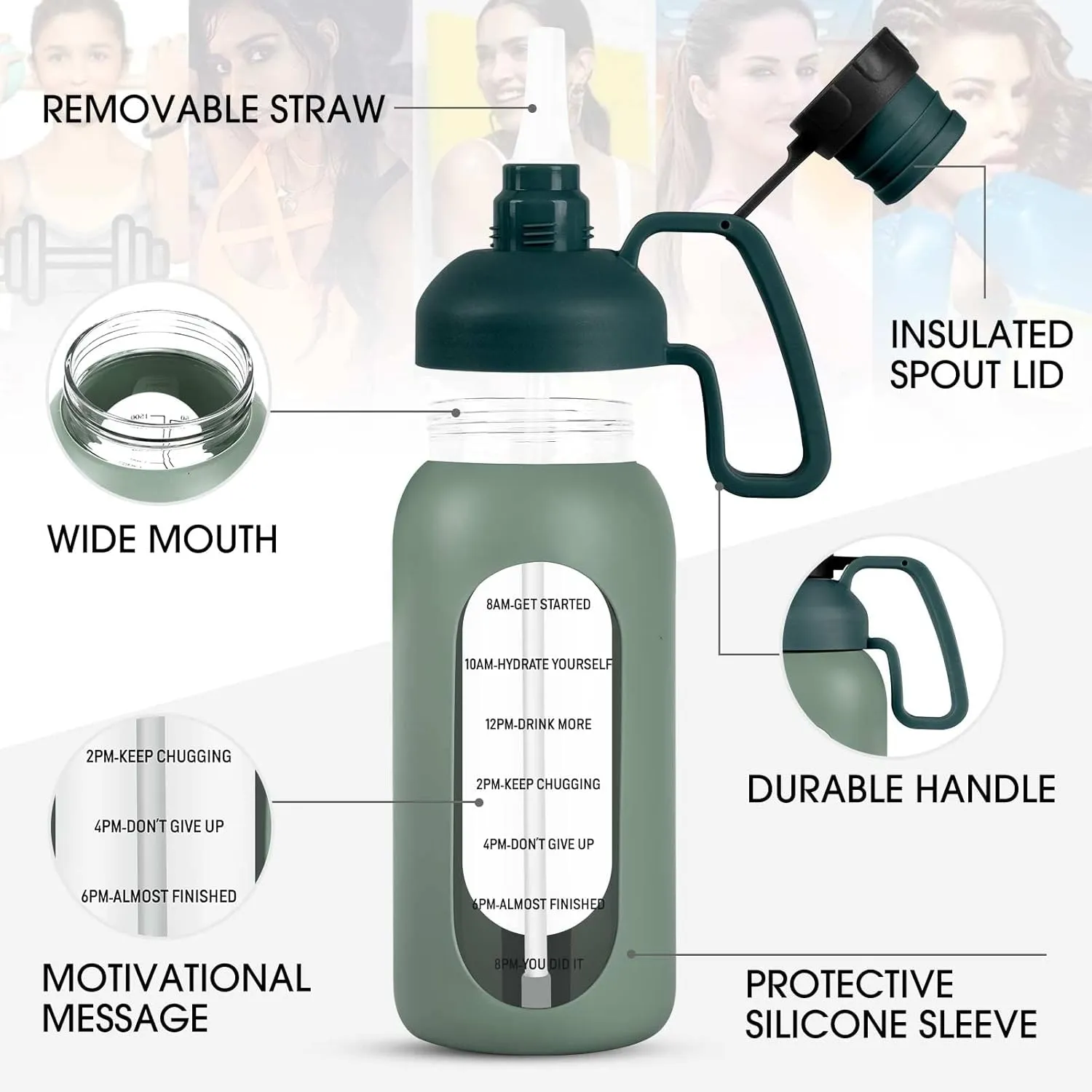 Aqulea Glass Water Bottles - 64 Oz Big Bottle with Straw, Pregnancy Tracker, Leakproof Gym Bottle with Sleeve, Water Jug with Time Marker