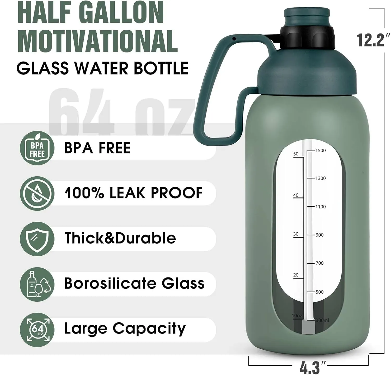 Aqulea Glass Water Bottles - 64 Oz Big Bottle with Straw, Pregnancy Tracker, Leakproof Gym Bottle with Sleeve, Water Jug with Time Marker