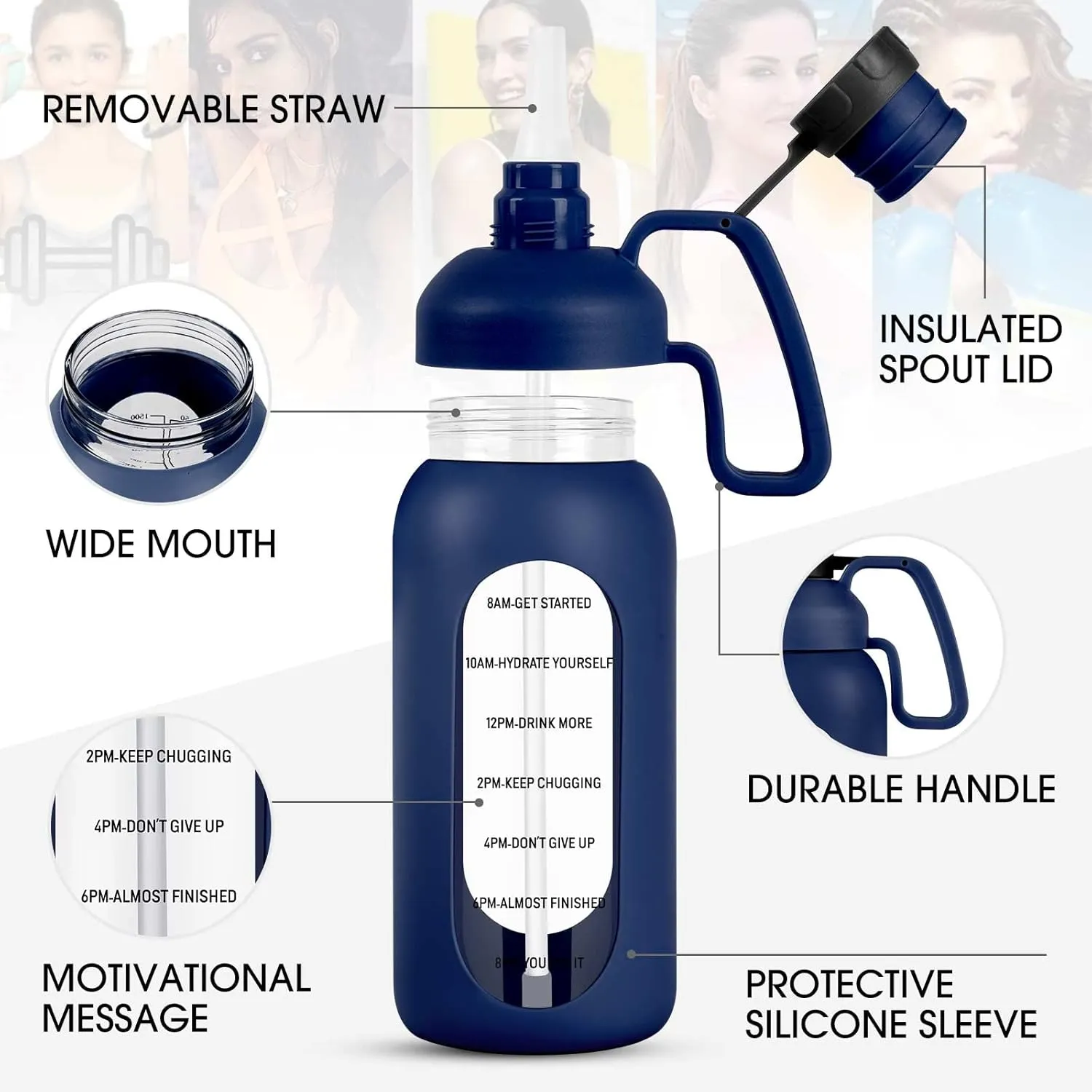 Aqulea Glass Water Bottles - 64 Oz Big Bottle with Straw, Pregnancy Tracker, Leakproof Gym Bottle with Sleeve, Water Jug with Time Marker