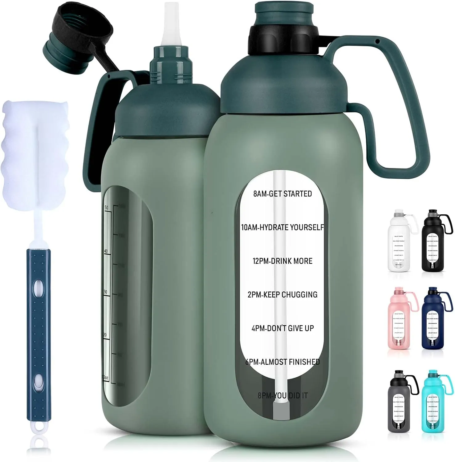 Aqulea Glass Water Bottles - 64 Oz Big Bottle with Straw, Pregnancy Tracker, Leakproof Gym Bottle with Sleeve, Water Jug with Time Marker