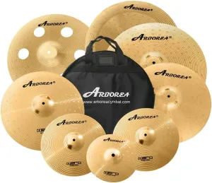 Arborea Cymbal Pack for Drum 8 pcs Super Polishing Cymbals Set Brilliant Gold Hero Series Include 14"Hihats 16"Crash 18"Crash 20"Ride Bonus 10" Splash 16"Ozone Stacker 18" China Cymbal Free Cymbal Bag