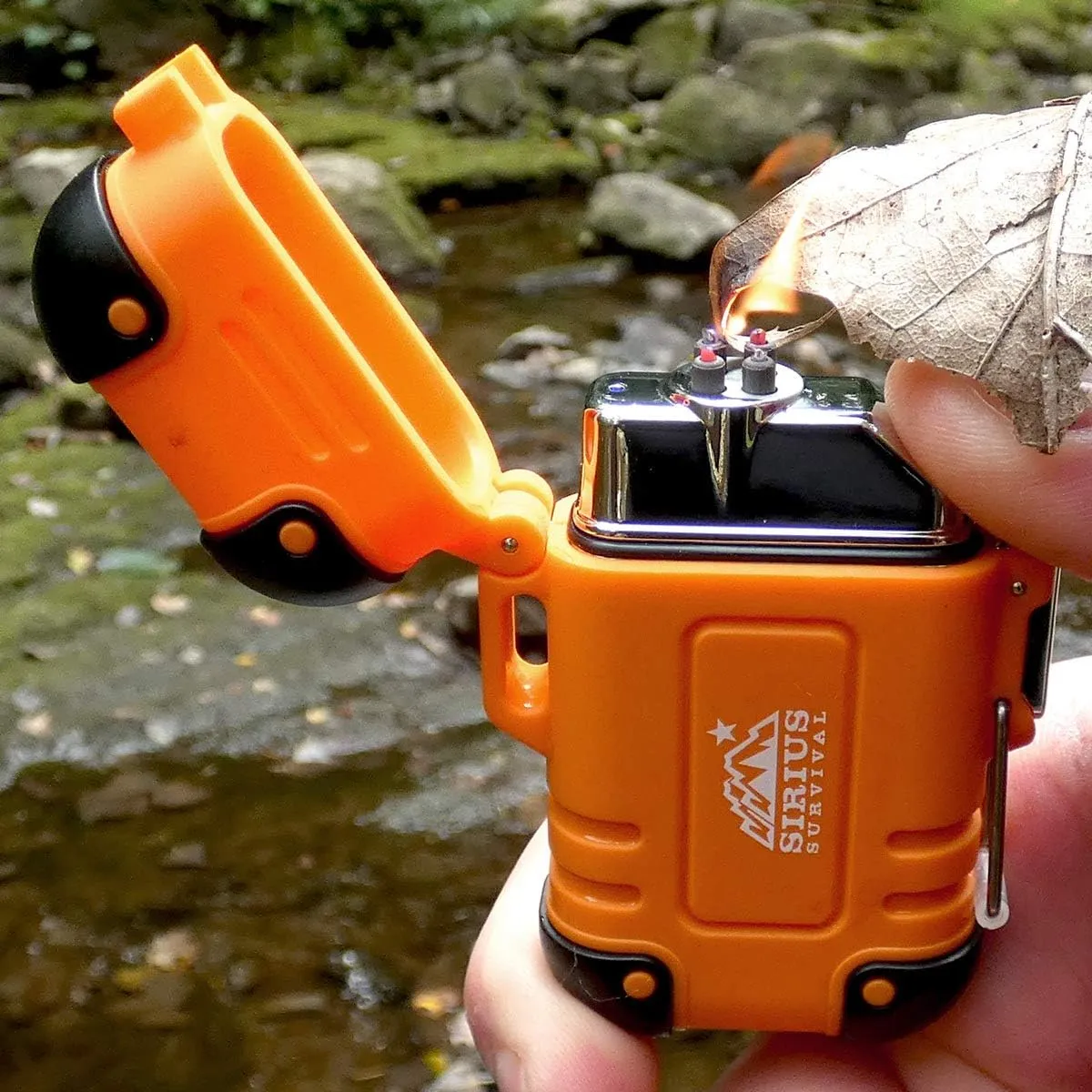 Arc4 Waterproof/Windproof Plasma Lighter - Top-Facing Dual Arc - Rechargeable USB Electric Lighter for Outdoor Adventures with Whistle Lanyard (Camo)