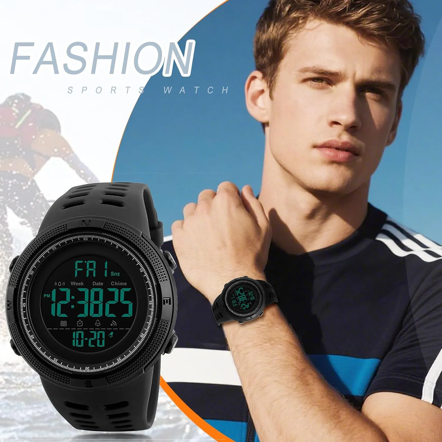 Aroncent Men's Digital Sports Watch: Waterproof Military 5ATM with Large Display Stopwatch Alarm LED Backlight - Outdoor Activities