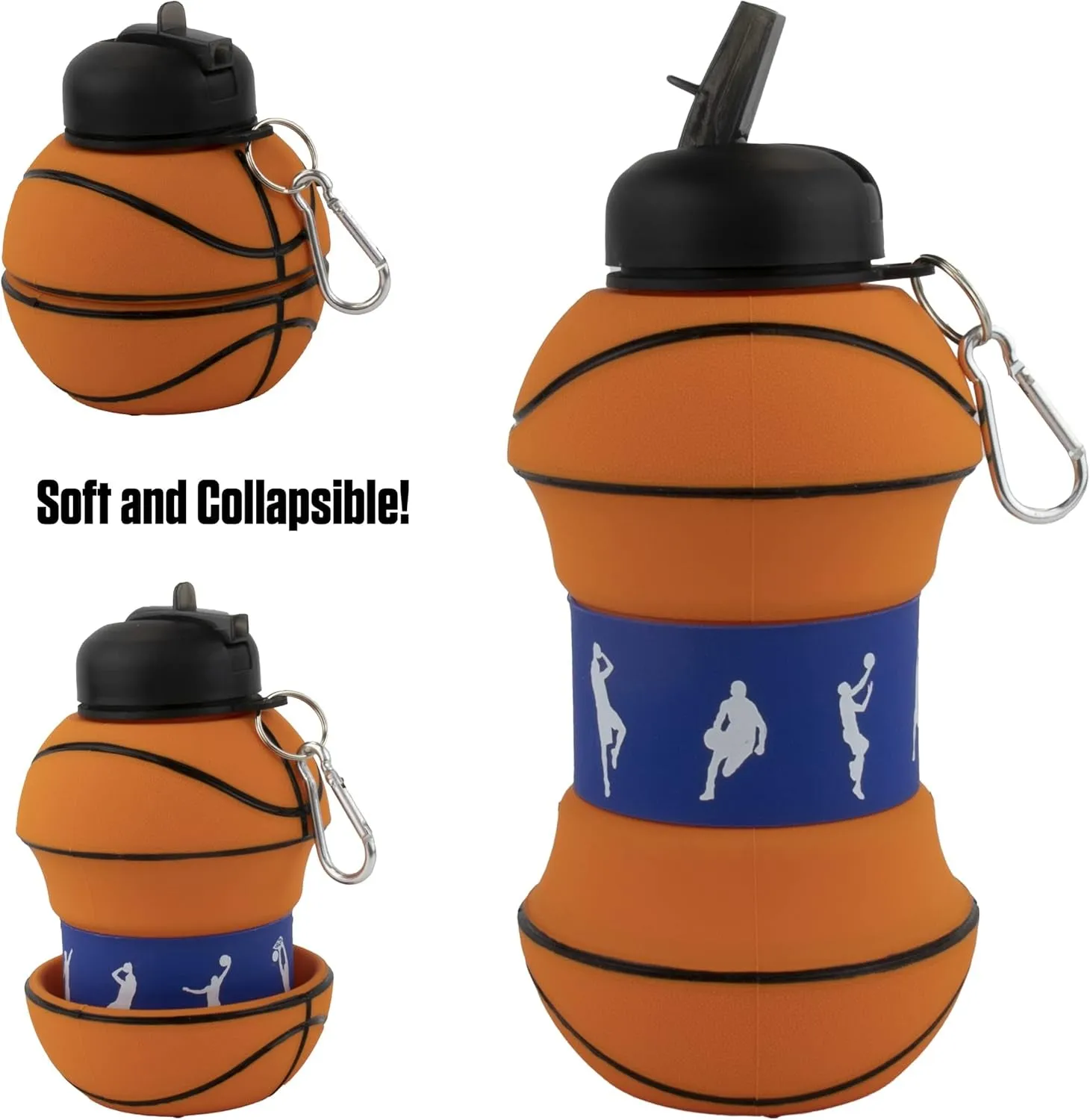 Art Clip-On Collapsible 1 Liter, 34 Oz. Size Bpa-Free Silicone Basketball Large Water Bottle for Kids