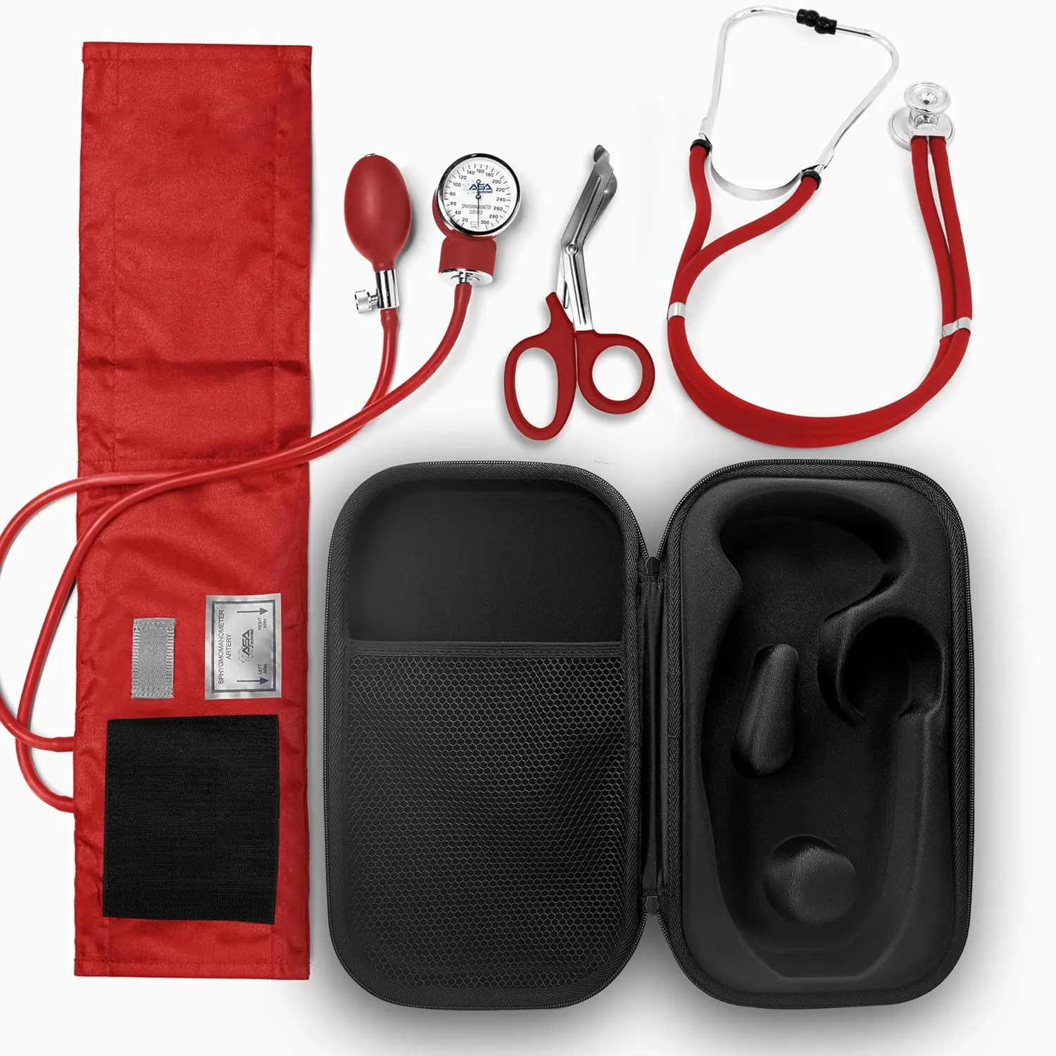 ASA TECHMED Medical Starter Kit - Stethoscope, Durable Blood Pressure Monitor, and EMT Shears and Protective Carrying Case Ideal for Healthcare Professionals, Red