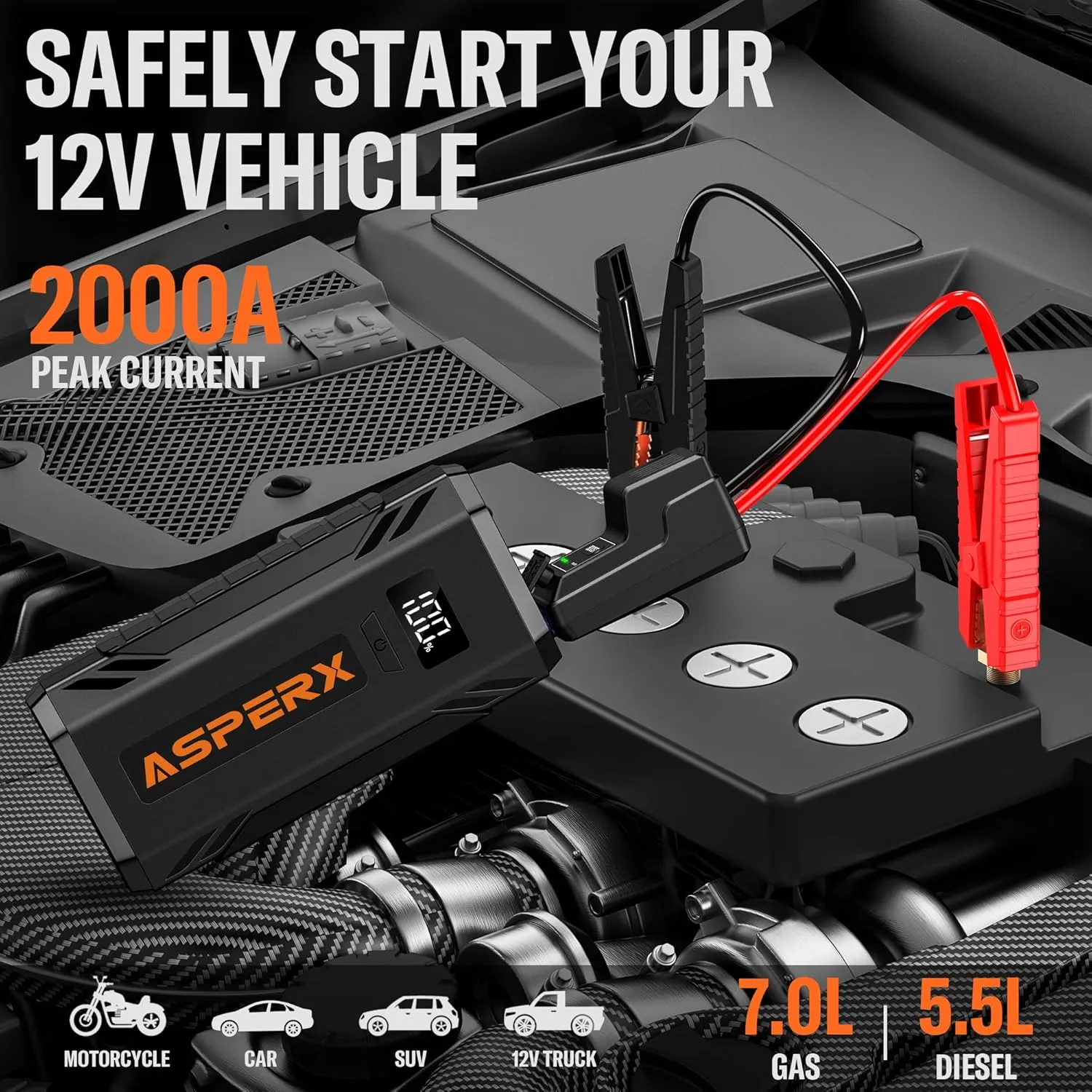 ASPERX Car Jump Starter, 2000A Peak Battery Jump Starter for Up to 7.0L Gas or 5.5L Diesel Engine, 12V Portable Battery Starter Power Pack with 1.4 INCH LCD Display