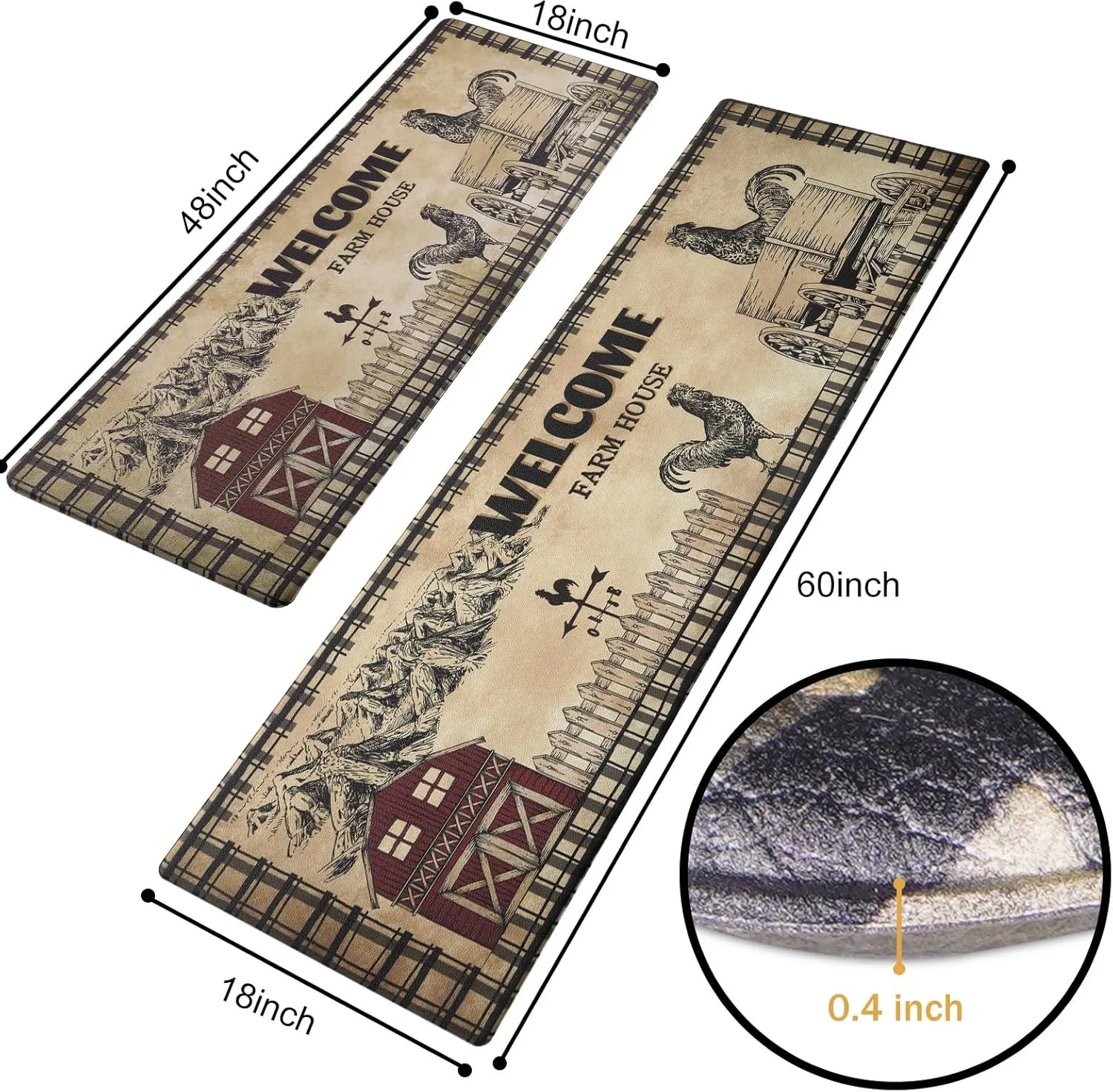 ASPMIZ Farmhouse Kitchen Rugs and Mats Set of 2, Cushioned Anti Fatigue Kitchen Mat 2 Pcs Washable, Rooster Waterproof PVC Standing Kitchen Floor Mat for Sink Office Laundry, 18" x 48"   18" x 60"