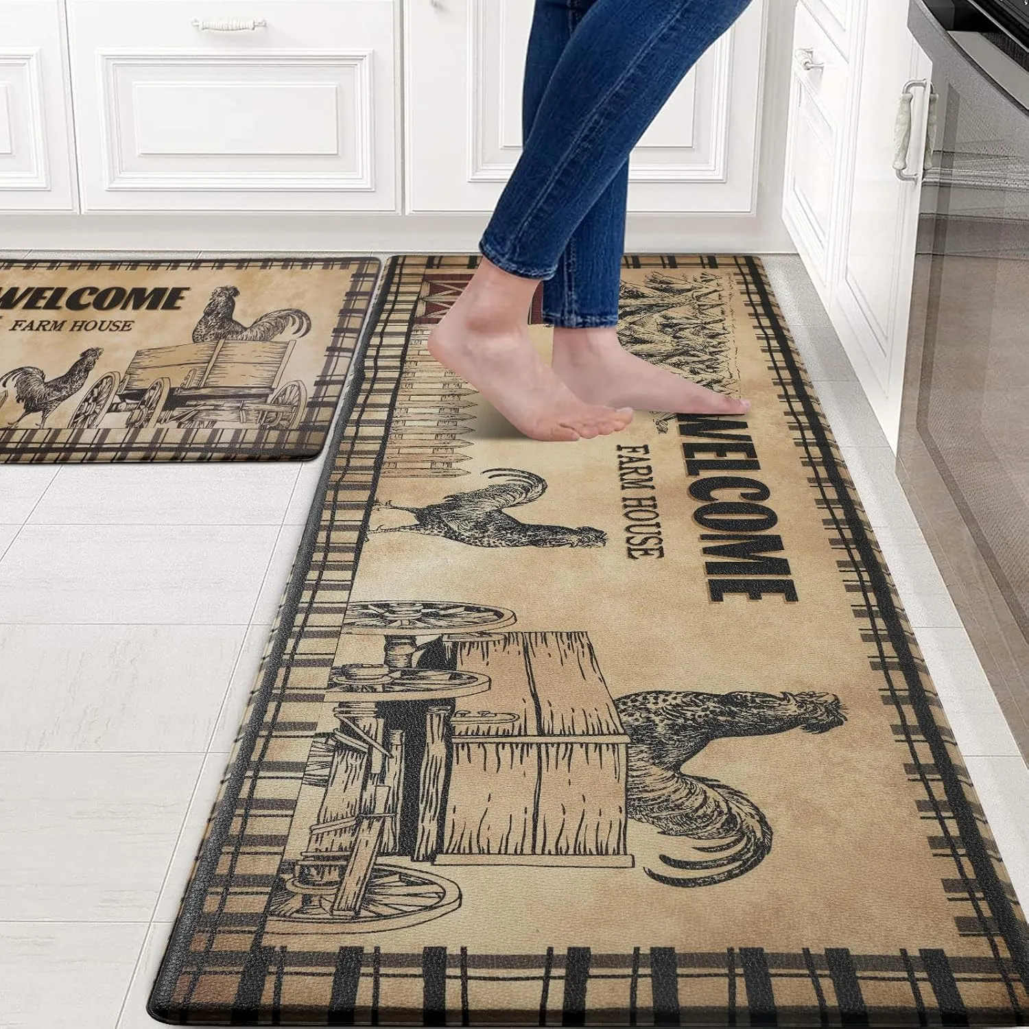 ASPMIZ Farmhouse Kitchen Rugs and Mats Set of 2, Cushioned Anti Fatigue Kitchen Mat 2 Pcs Washable, Rooster Waterproof PVC Standing Kitchen Floor Mat for Sink Office Laundry, 18" x 48"   18" x 60"