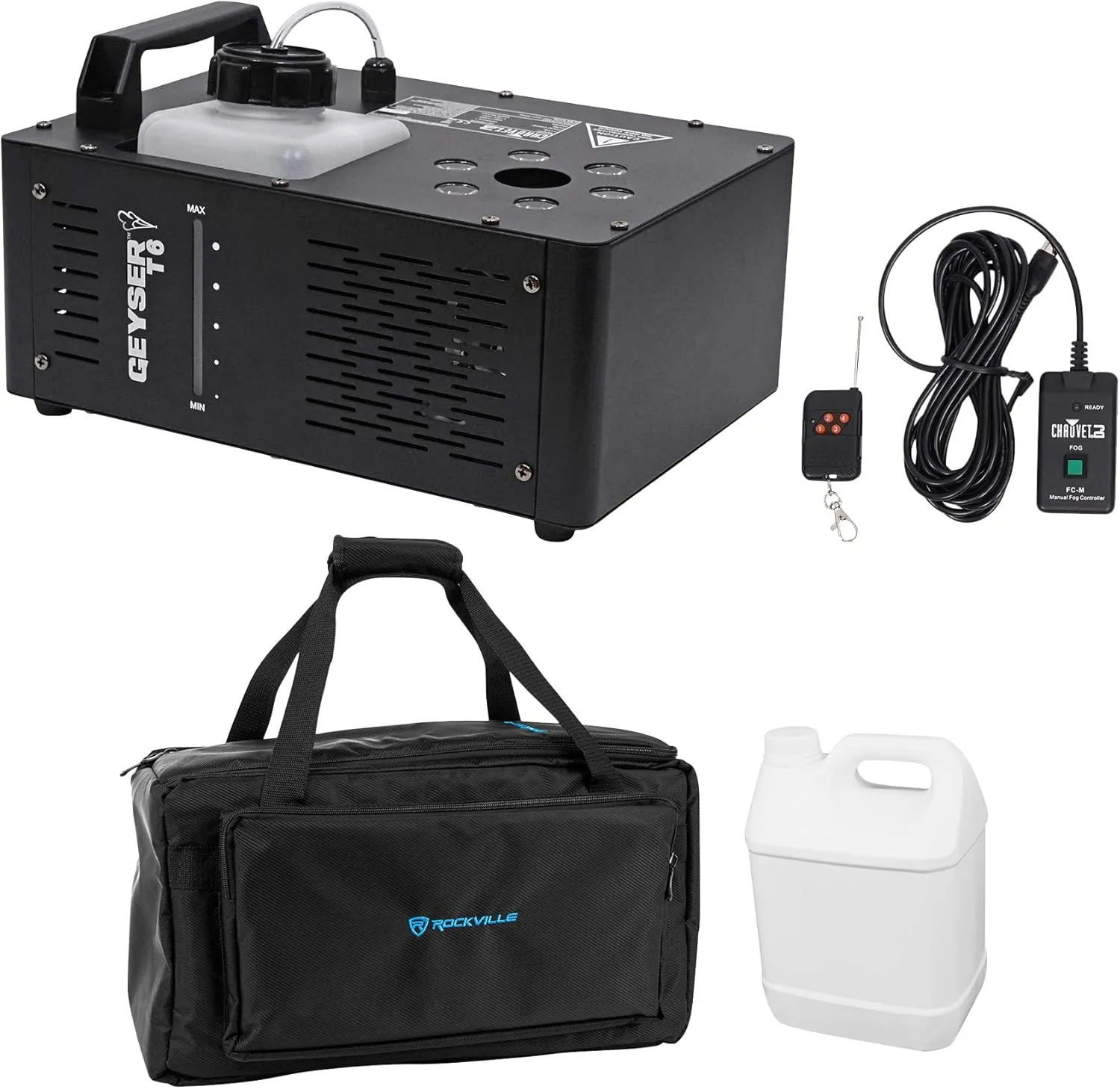Audiosavings Bundle: Chauvet DJ Geyser T6 Fog Machine with RGB LED Pyrotechnic Effect and Remote Bundle with Rockville BAG1200 Waterproof Travel Bag with Fluid Compartment (2 Items)