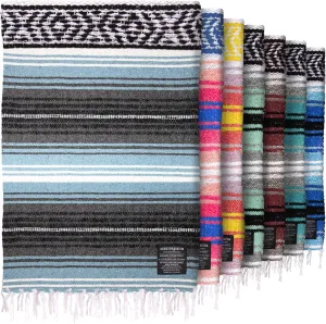 Authentic Large Handwoven Mexican Blanket - Soft Yoga- Durable Serape- Lightweight Falsa, Beach, Camping, Picnic, Outdoor Blanket 70"x50" - Aqua Sky