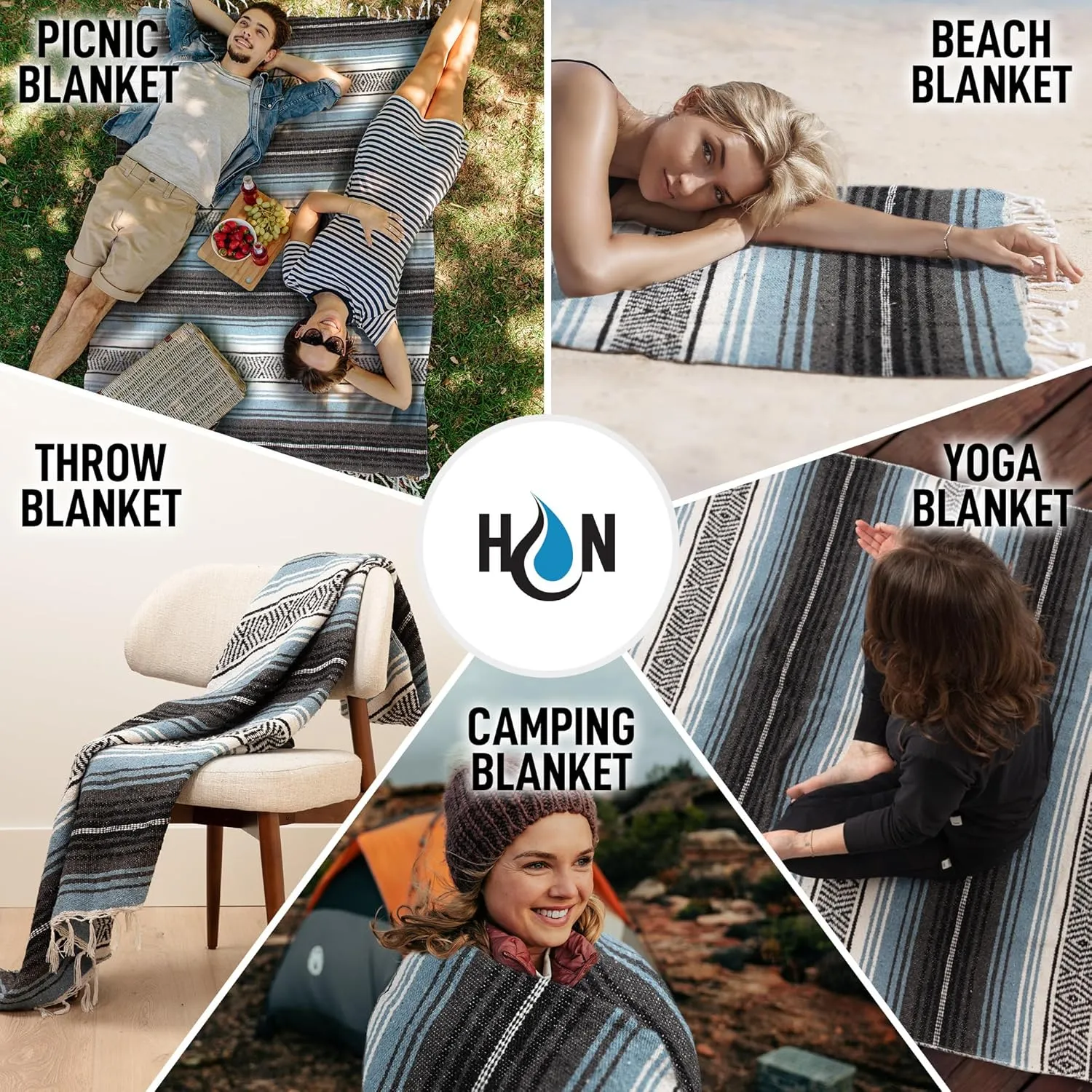 Authentic Large Handwoven Mexican Blanket - Soft Yoga- Durable Serape- Lightweight Falsa, Beach, Camping, Picnic, Outdoor Blanket 70"x50" - Aqua Sky
