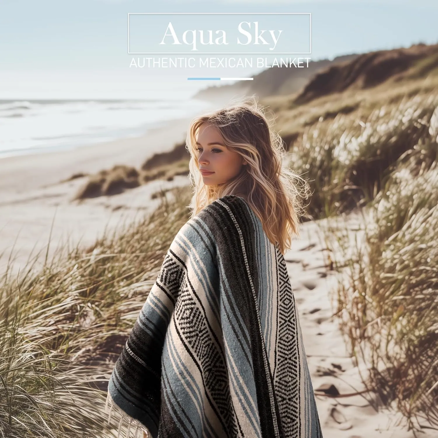 Authentic Large Handwoven Mexican Blanket - Soft Yoga- Durable Serape- Lightweight Falsa, Beach, Camping, Picnic, Outdoor Blanket 70"x50" - Aqua Sky