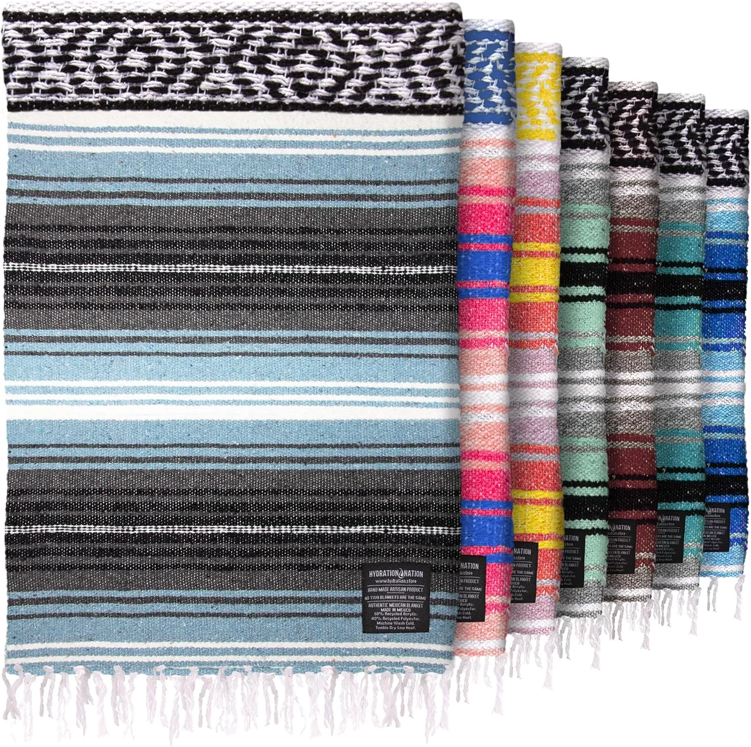 Authentic Large Handwoven Mexican Blanket - Soft Yoga- Durable Serape- Lightweight Falsa, Beach, Camping, Picnic, Outdoor Blanket 70"x50" - Aqua Sky