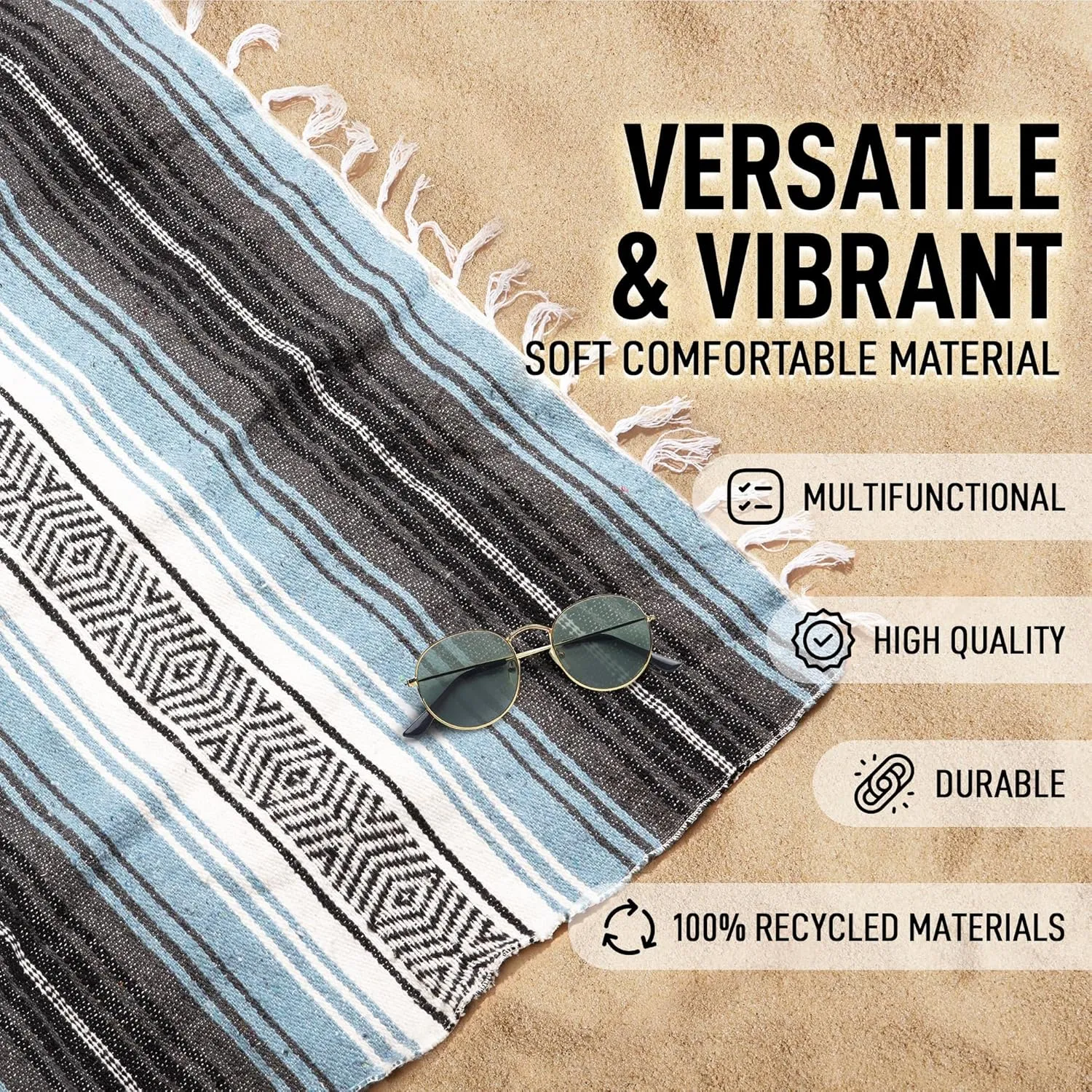 Authentic Large Handwoven Mexican Blanket - Soft Yoga- Durable Serape- Lightweight Falsa, Beach, Camping, Picnic, Outdoor Blanket 70"x50" - Aqua Sky