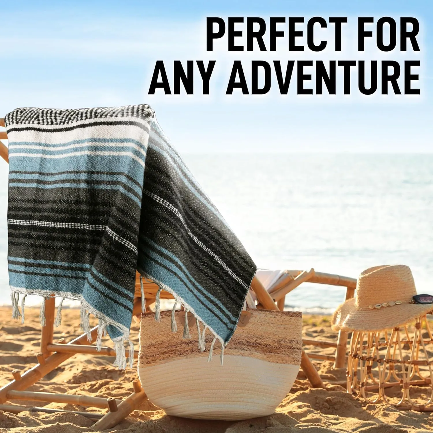 Authentic Large Handwoven Mexican Blanket - Soft Yoga- Durable Serape- Lightweight Falsa, Beach, Camping, Picnic, Outdoor Blanket 70"x50" - Aqua Sky