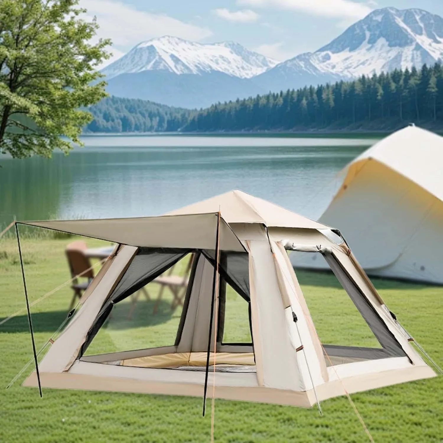 Automatic Camping Tent, Quick Assembly Tent, 4-Sided Weatherproof Panoramic Door, Travel Tent for Family Trips and Outings