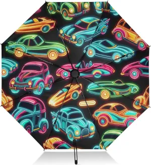 Automatic Folding Umbrella for Rain, Neon Cars Travel Umbrella UV Protection Large Windproof Inverted Umbrella with Cover Bag, 8 Ribs
