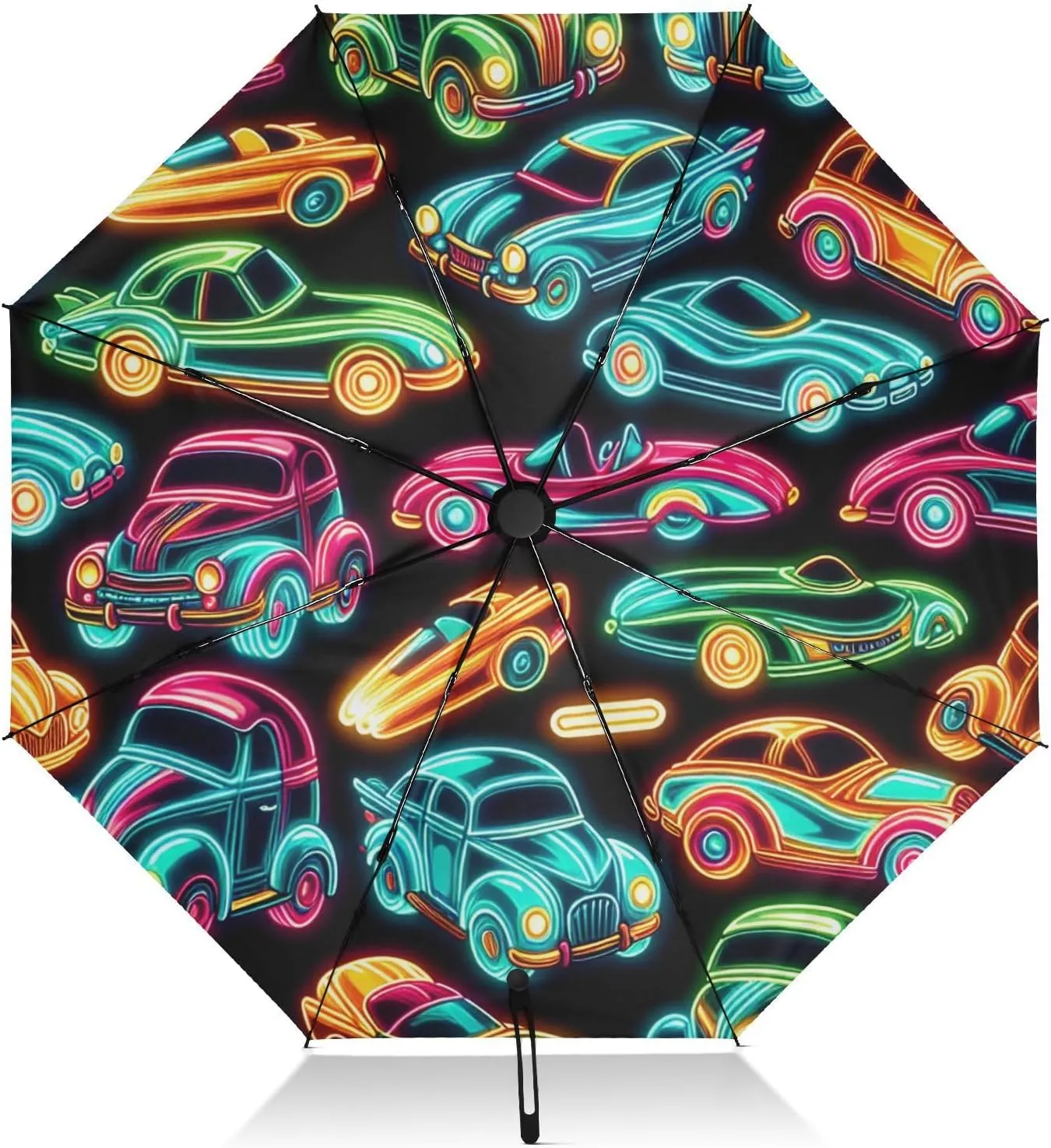 Automatic Folding Umbrella for Rain, Neon Cars Travel Umbrella UV Protection Large Windproof Inverted Umbrella with Cover Bag, 8 Ribs