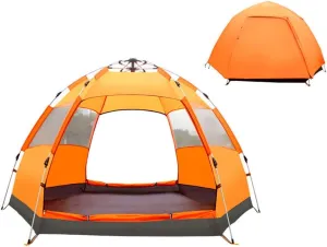 Automatic Opening Tent, Hexangular Hydraulic Big Tent for 4-6 Person, Rainproof and Sunscreen Family Camping Tent for Outdoor Camping,Orange